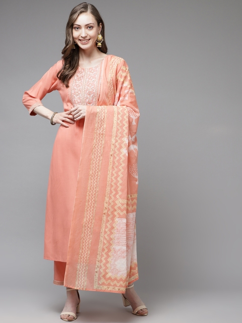 

Yufta Women Peach-Coloured Yoke Design Kurta with Trousers & Dupatta