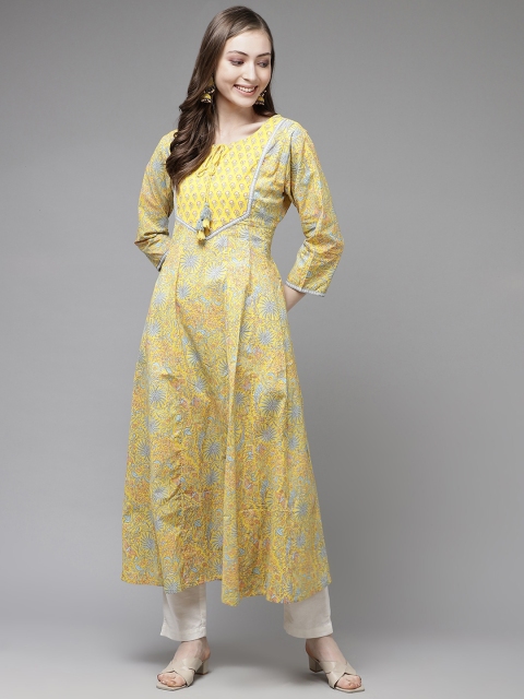 

Yufta Women Yellow & Blue Block Print A-Line Kurta