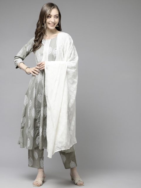 

Yufta Women Grey & White Printed Pure Cotton Kurta with Trousers & Dupatta