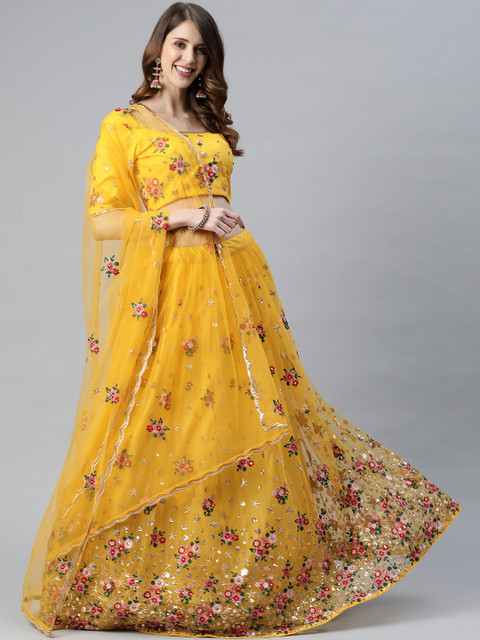 

SHUBHKALA Mustard Yellow & Red Embroidered Semi-Stitched Lehenga & Blouse With Dupatta