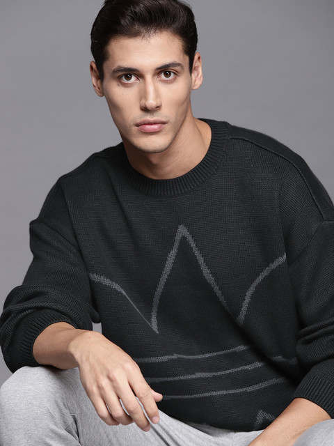 

ADIDAS Originals Men Black Knit Crew Pure Cotton Brand Logo Design Sustainable Pullover