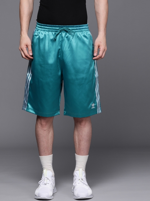 

ADIDAS Originals Men Teal Blue 3 Stripes Satin Finish Mid-Rise Sports Shorts