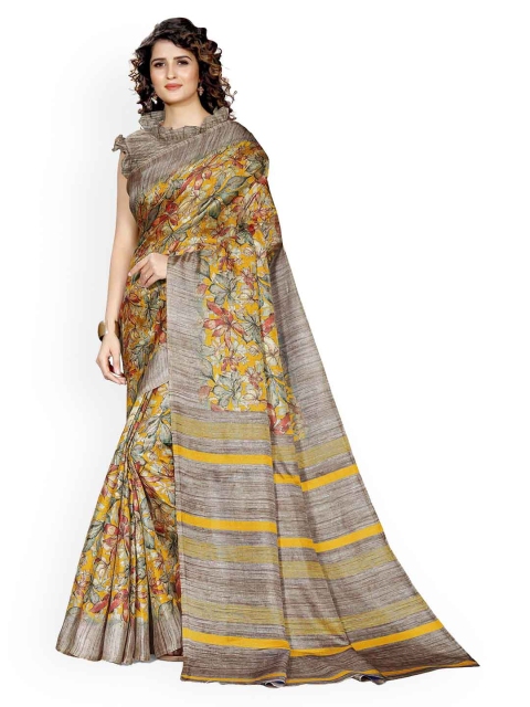 

KALINI Mustard & Grey Floral Printed Art Silk Saree