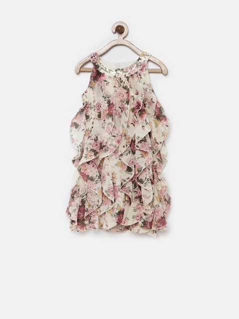 

Peppermint Girls Cream-Coloured Printed A-Line Ruffled Dress