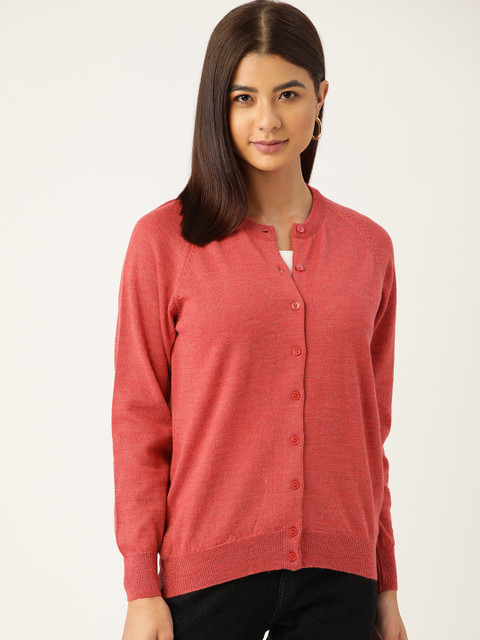 

Monte Carlo Women Coral Pink Solid Woollen Cardigan