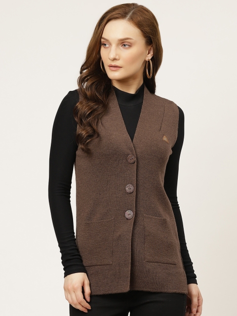 

Monte Carlo Women Coffee Brown Solid Sleeveless Woollen Cardigan