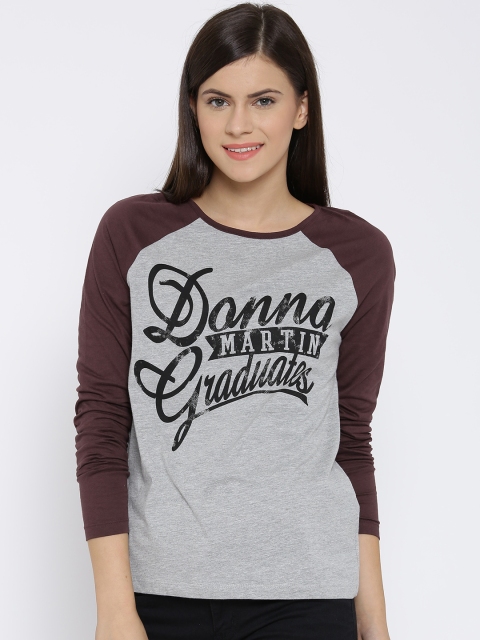 

Vero Moda Women Grey Melange Colourblocked Round Neck T-shirt