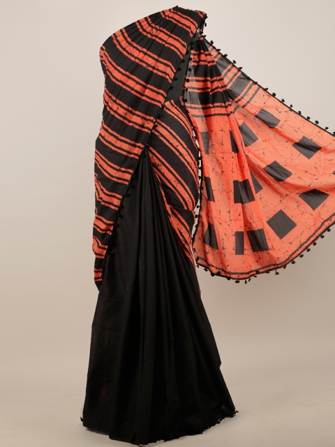 

Pothys Black & Peach-Coloured Striped Half & Half Saree
