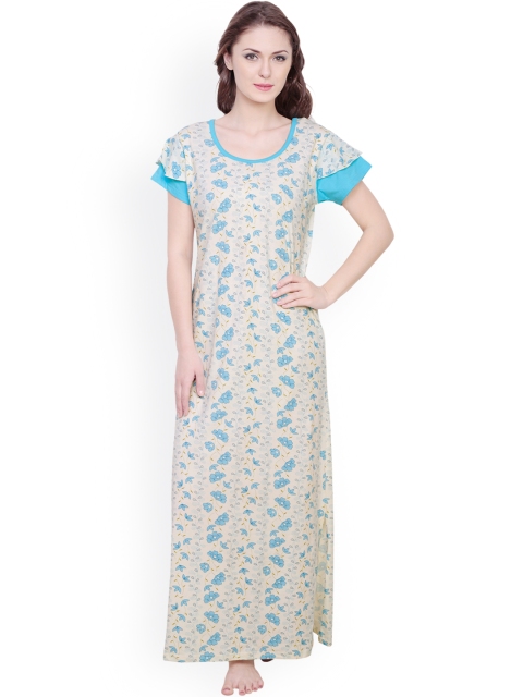 

Claura Beige & Turquoise Blue Floral Print Maxi Nightdress cot-20