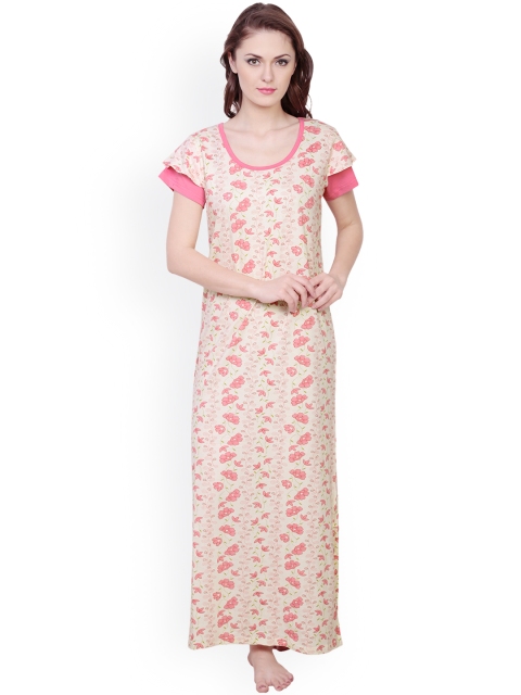 

Claura Beige & Pink Floral Print Maxi Nightdress cot-20