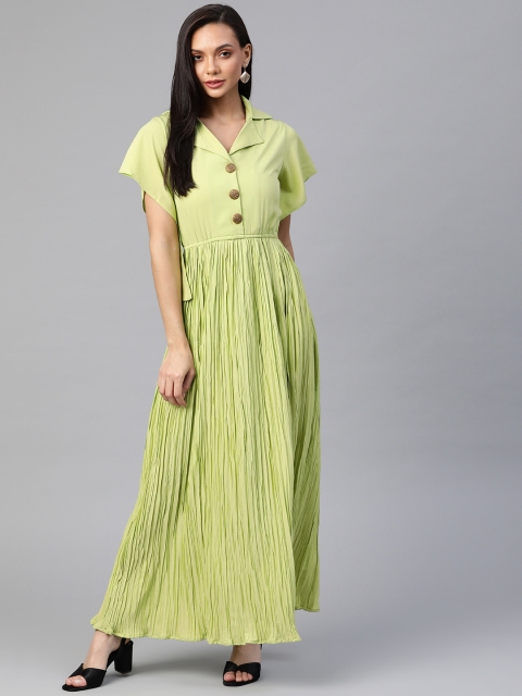 

Cottinfab Green Solid Accordion Pleated Crepe Maxi Dress