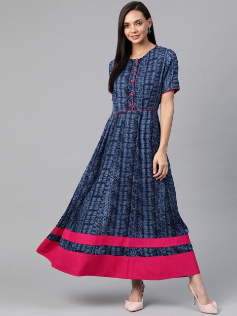 

Cottinfab Navy Blue & Pink Ethnic Motifs Maxi Dress