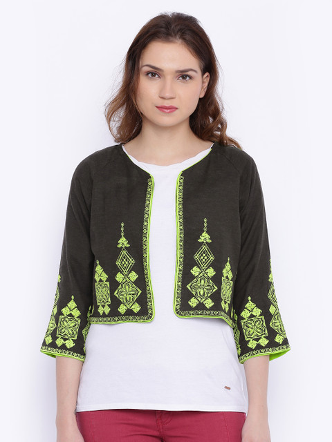 

Global Desi Dark Brown & Green Embroidered Jacket