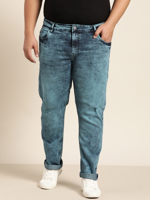 

Sztori Men Plus Size Blue Slim Tapered Fit Low Distress Light Fade Jeans