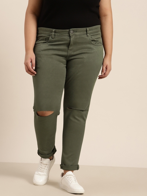 

Sztori Women Plus Size Olive Green Skinny Fit Slash Knee Stretchable Jeans