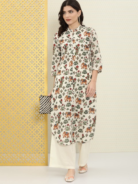 

House of Pataudi Women White Floral Printed Regular Rozana Pure Cotton Kurta with Palazzos