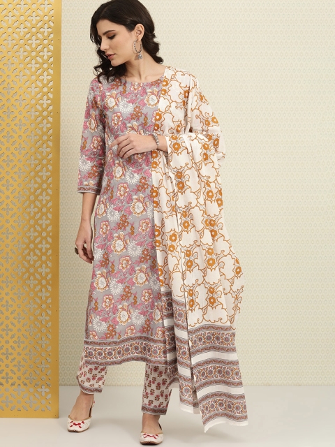 

House of Pataudi Women Purple & Off White Floral Printed Pure Cotton Kurta Set