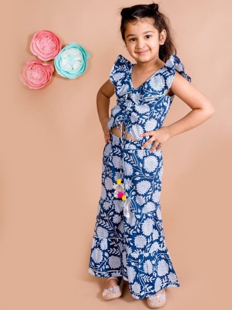 

pspeaches Girls Navy Blue Pure Cotton Kurti with Palazzos