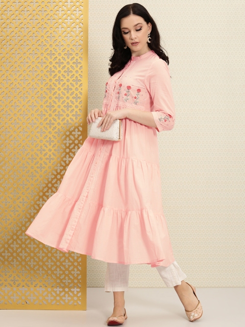 

House of Pataudi Women Pink Floral Embroidered Floral Pure Cotton Anarkali Kurta
