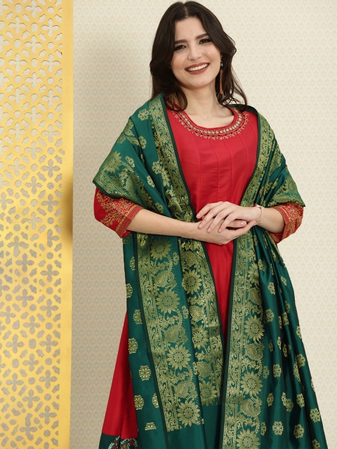 

House of Pataudi Women Red Paisley Embroidered Kurta with Churidar & With Dupatta