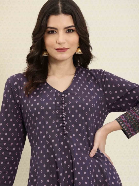 

House of Pataudi Women Blue Ethnic Motifs Printed Block Print Anarkali Kurta
