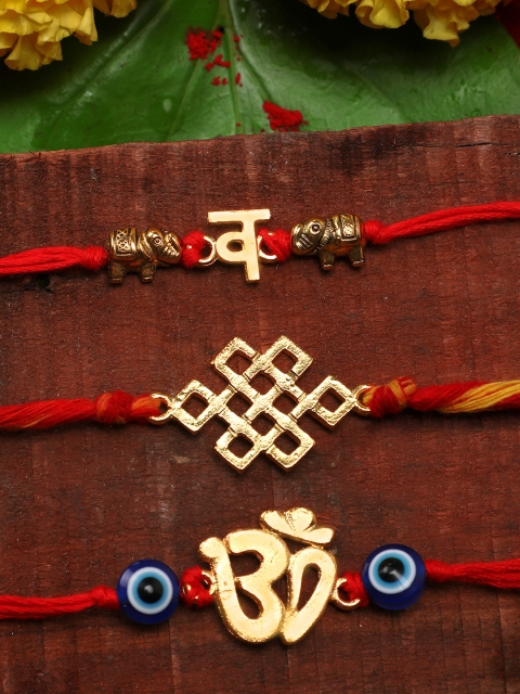 

Yellow Chimes Gold 3 Pcs Handmade Rakhi with Roli Chawal & Card