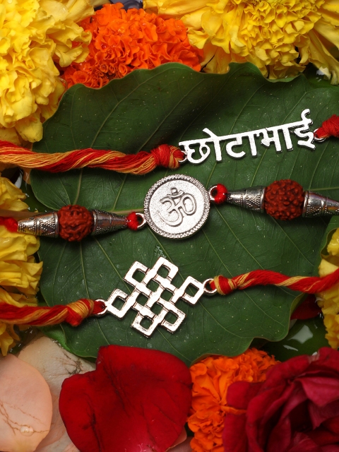 

Yellow Chimes Set of 3 Silver & Red Handmade Om Rakhi with Roli Chawal & Card