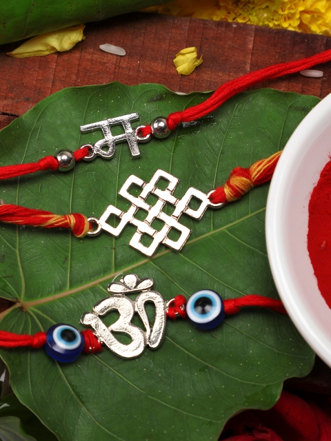 

Yellow Chimes Set of 3 Silver & Red Handmade Om Rakhi with Roli Chawal & Card