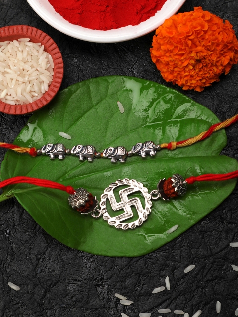 

Yellow Chimes Set of 2 Silver & Red Handmade Om Rakhi with Roli Chawal & Card