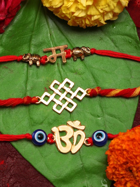 

Yellow Chimes Set of 3 Gold & Red Handmade Om Rakhi with Roli Chawal & Card