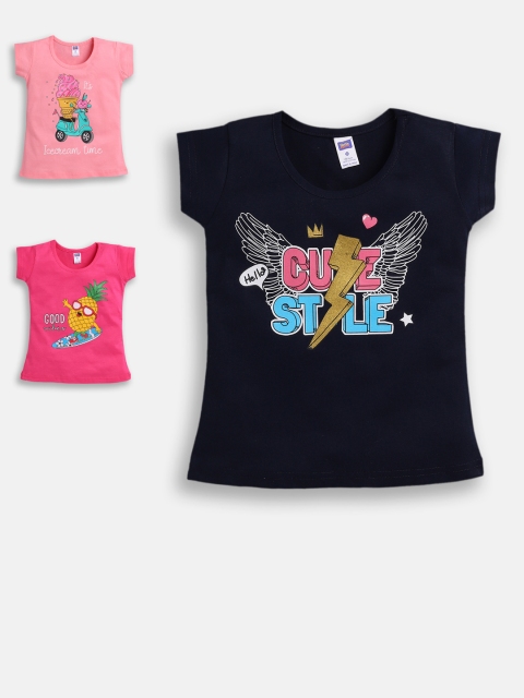 

Nottie Planet Girls Multicoloured Pack of 3 Graphic Printed Round Neck T-shirts, Multi