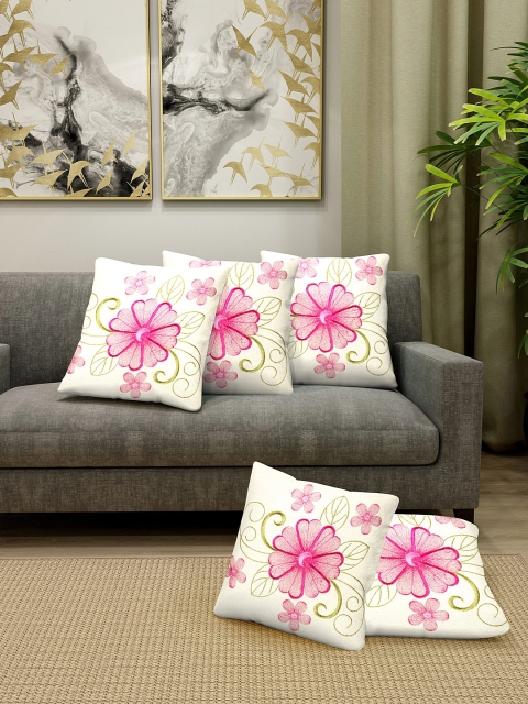 

KLOTTHE Off White & Pink Set of 5 Embroidered Square Cushion Covers