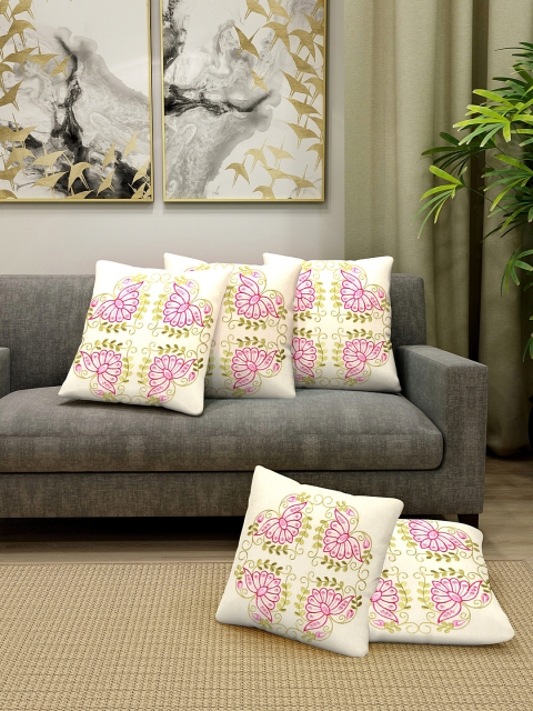 

KLOTTHE Off White & Pink Set of 5 Embroidered Square Cushion Covers