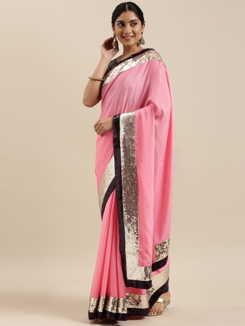 

RedRound Pink Solid Silk Blend Saree with Sequins