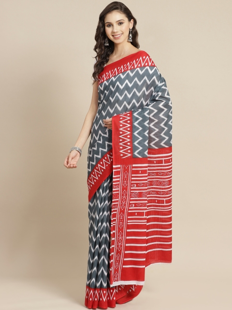 

Juniper Women Red & Grey Striped Pure Cotton Bagru Saree