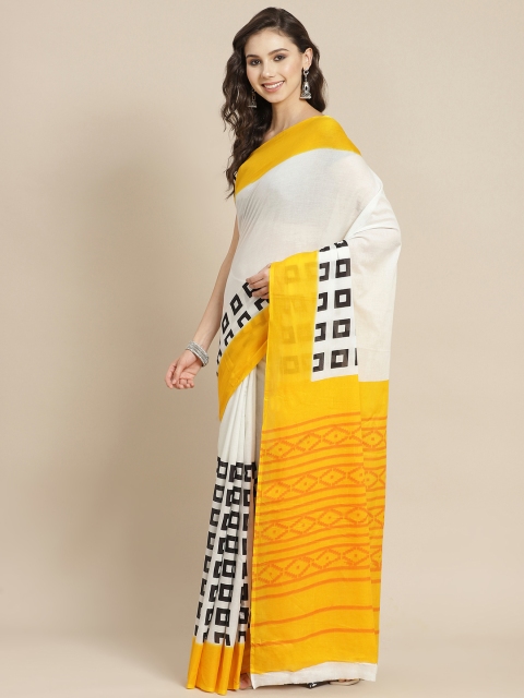 

Juniper Women Off White & Yellow Printed Pure Cotton Bagru Saree