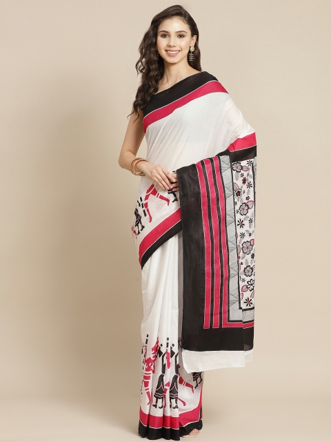 

Juniper Women Off White & Black Ethnic Print Pure Cotton Bagru Saree