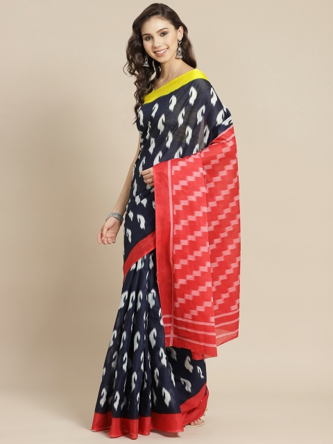 

Juniper Women Red & Navy Blue Paisley Print Pure Cotton Bagru Saree