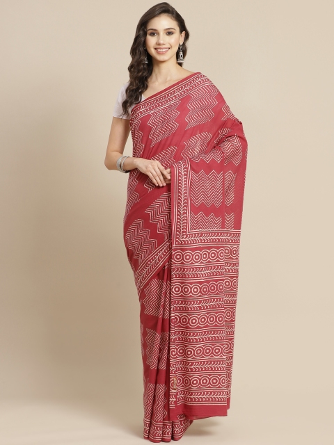 

Juniper Women Maroon & Off White Ethnic Print Pure Cotton Bagru Saree