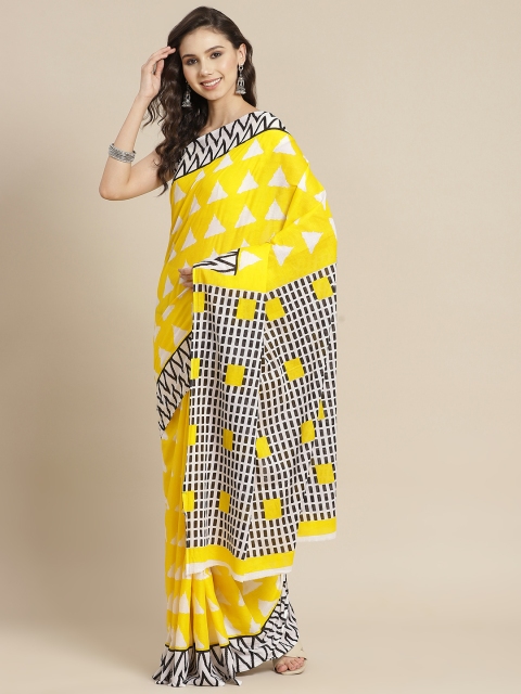 

Juniper Yellow & White Geometric Print Pure Cotton Bagru Saree