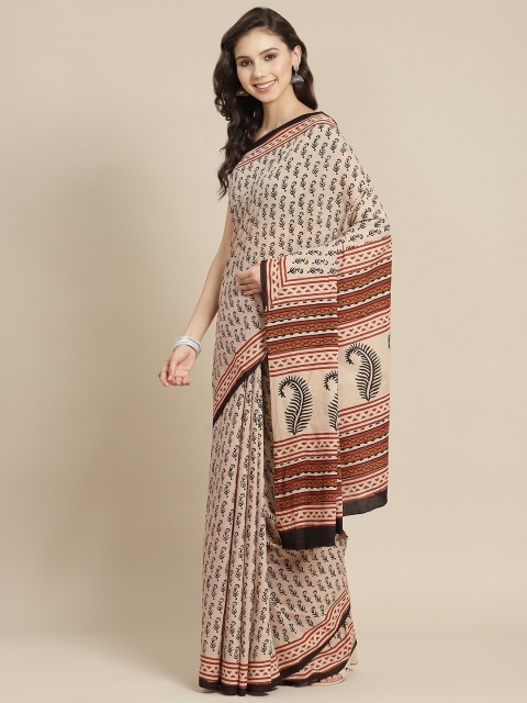 

Juniper Beige & Black Ethnic Motifs Print Pure Cotton Bagru Saree
