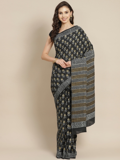 

Juniper Black & Olive Green Ethnic Motifs Printed Pure Cotton Handblock Bagru Saree