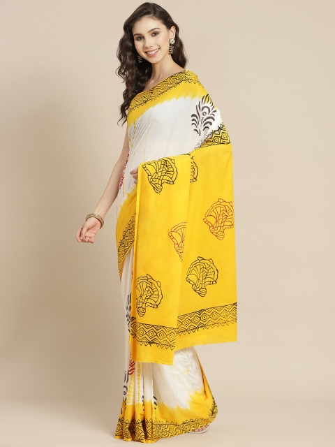 

Juniper White & Yellow Ethnic Printed Pure Cotton Bagru Saree