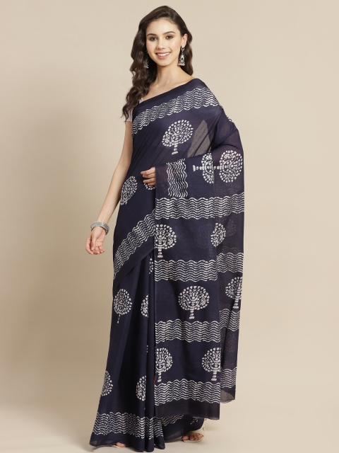 

Juniper Navy Blue & White Ethnic Printed Pure Cotton Bagru Saree