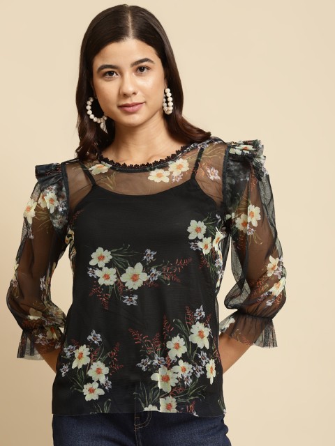 

COVER STORY Women Black & White Floral Puff Sleeve Regular Top