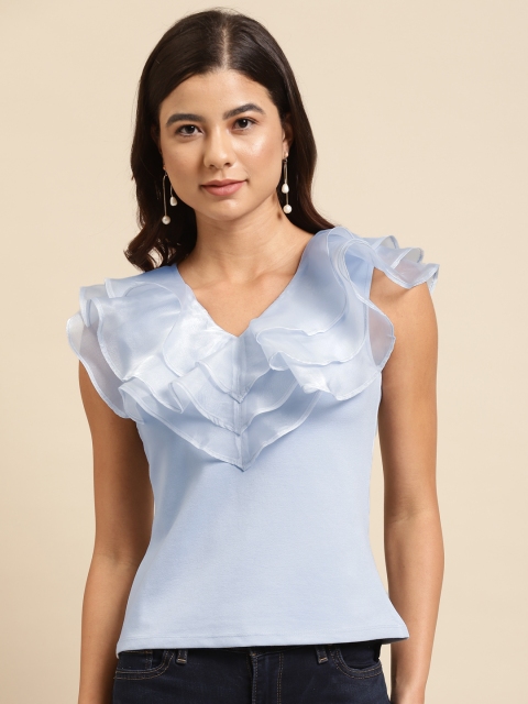 

COVER STORY Women Blue Flutter Sleeve Layered Regular Top