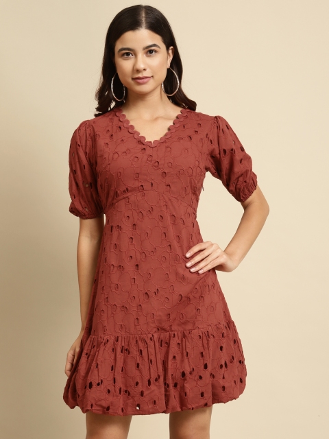 

COVER STORY Women Rust Brown Embroidered Pure Cotton A-Line Dress