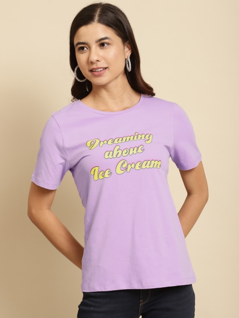 

COVER STORY Women Lavender & Yellow Cotton Typography Printed T-shirt