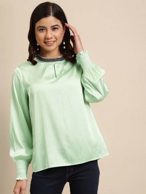 

COVER STORY Green Solid Jewel Neck Regular Top