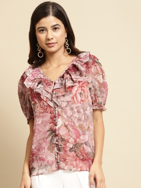 

COVER STORY Pink Floral Print Puff Sleeve Ruffled Top